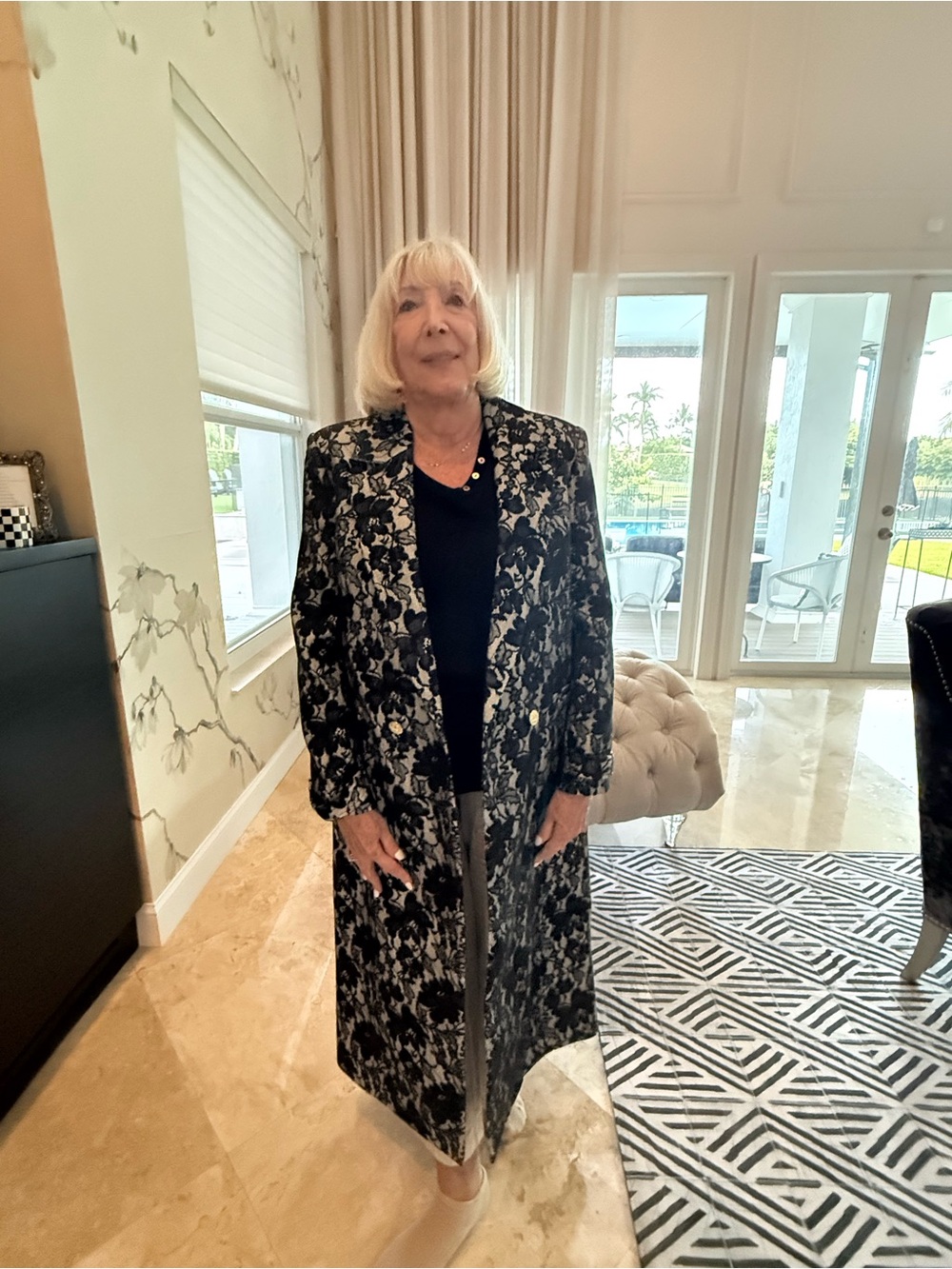 Alice + Olivia Black and Cream Floral Lace-Overlay Trench Coat
